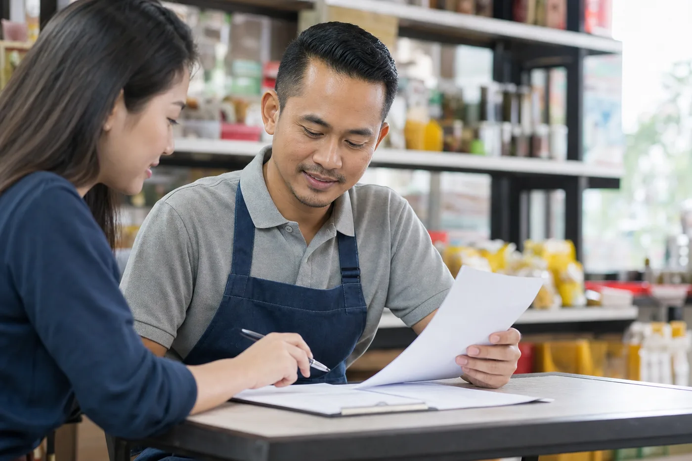 Retail business owner reviewing working capital documents