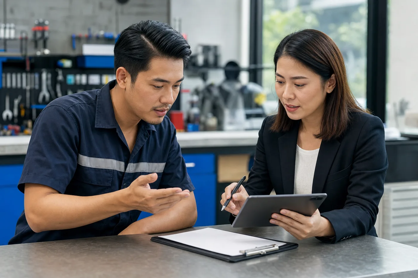 Service business owner discussing funding documents