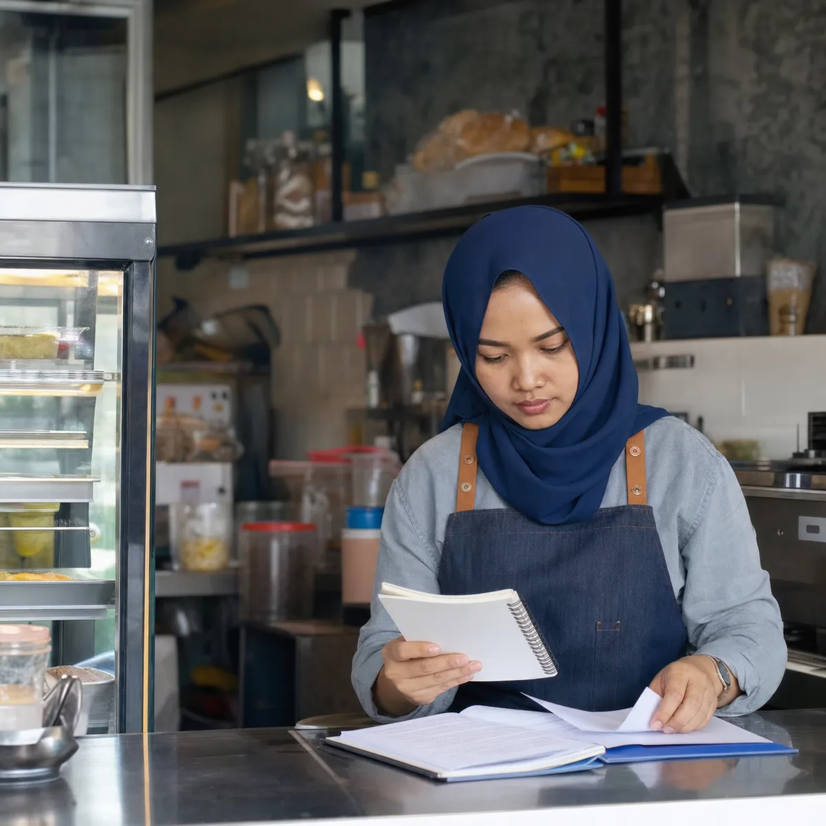 Food-business owner preparing financing records